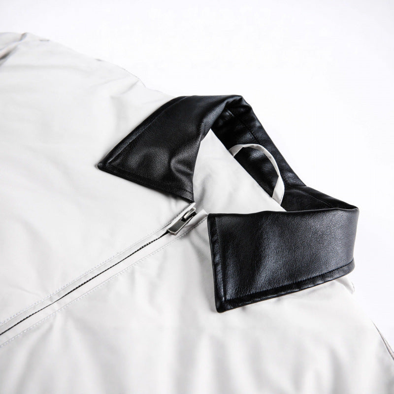 Unisex Boxy transitional jacket with contrasting faux leather collar and concealed zipper Fashion Glam