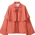 Women's Checkered Cape Transitional Jacket with Layered Cape and Bow Tie Fashion Glam