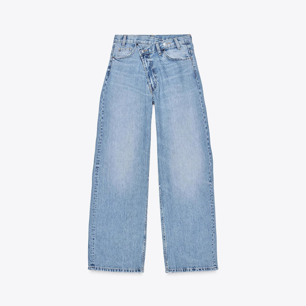 Women's high-waisted wide denim jeans with asymmetric waistband and culotte cut Fashion Glam