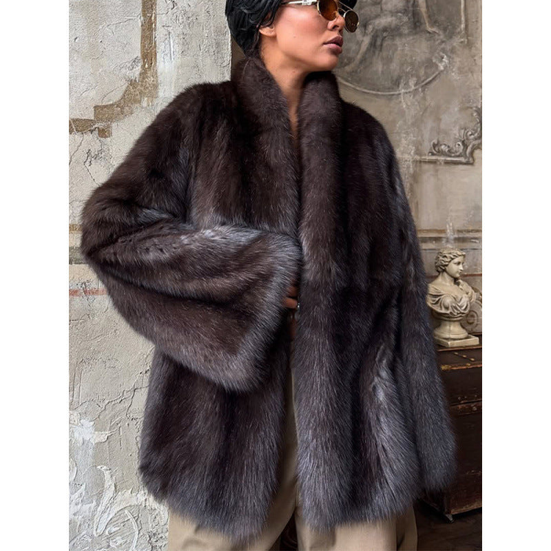 Women's Luxurious Oversized Fur Jacket with Wide Shawl Collar and Voluminous Silhouette Fashion Glam