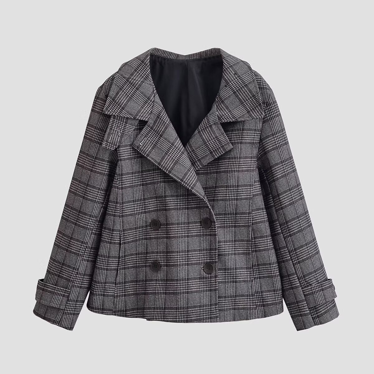Women's Cropped Double-Breasted Blazer in Glen Check with Oversized Lapels and Turn-Up Sleeves Fashion Glam