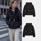 Women's Shiny Down-Look Quilted Jacket with Hood and Tailored Drawstring Belt Fashion Glam