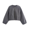 Women Short Wool Look Cropped Jacket with Zipper, Round Neck and Balloon Sleeves Fashion Glam