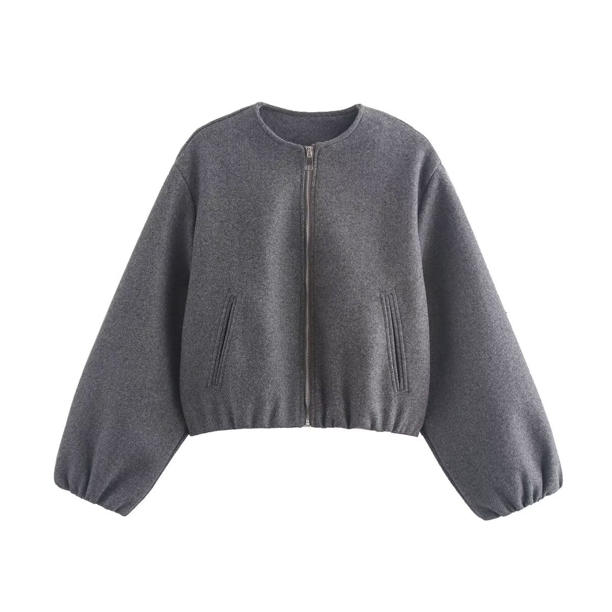 Women Short Wool Look Cropped Jacket with Zipper, Round Neck and Balloon Sleeves Fashion Glam