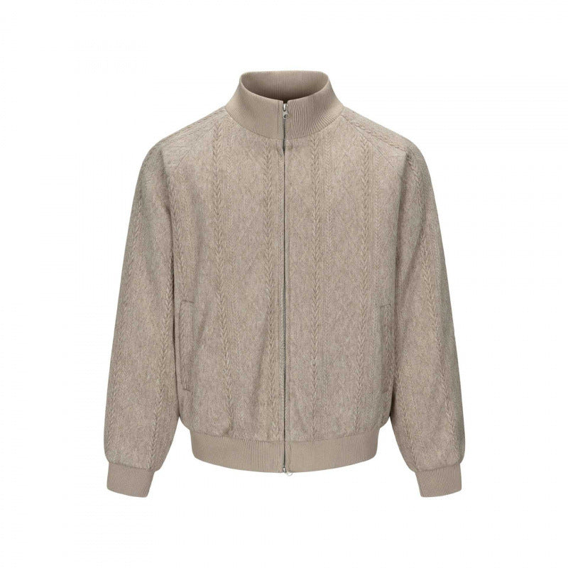 Men's knit bomber-style zip jacket with cable pattern and stand-up collar Fashion Glam