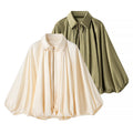 Ladies Soft Satin Cape Blouse Shirt with Lapel Collar, Balloon Sleeves and Concealed Zipper Fashion Glam