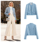 Women Short Cropped Boucle Tweed Jacket with Sequin Trim and Flap Pockets Fashion Glam