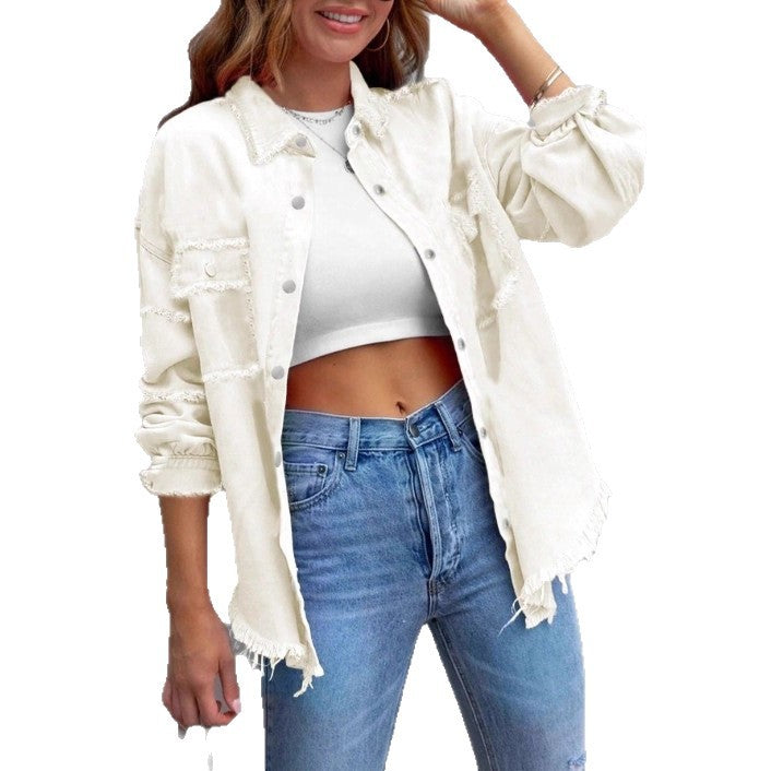 Women's Casual Denim Shirt-Style Jacket with Raw Edge and Snap Button Placket Fashion Glam