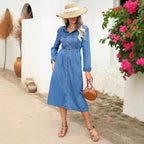 Women's denim midi dress with button placket, tailored fit and chest pockets Fashion Glam
