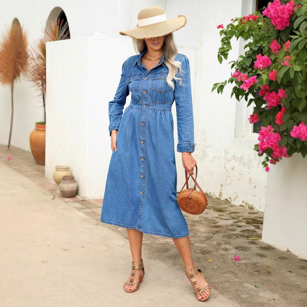 Women's denim midi dress with button placket, tailored fit and chest pockets Fashion Glam