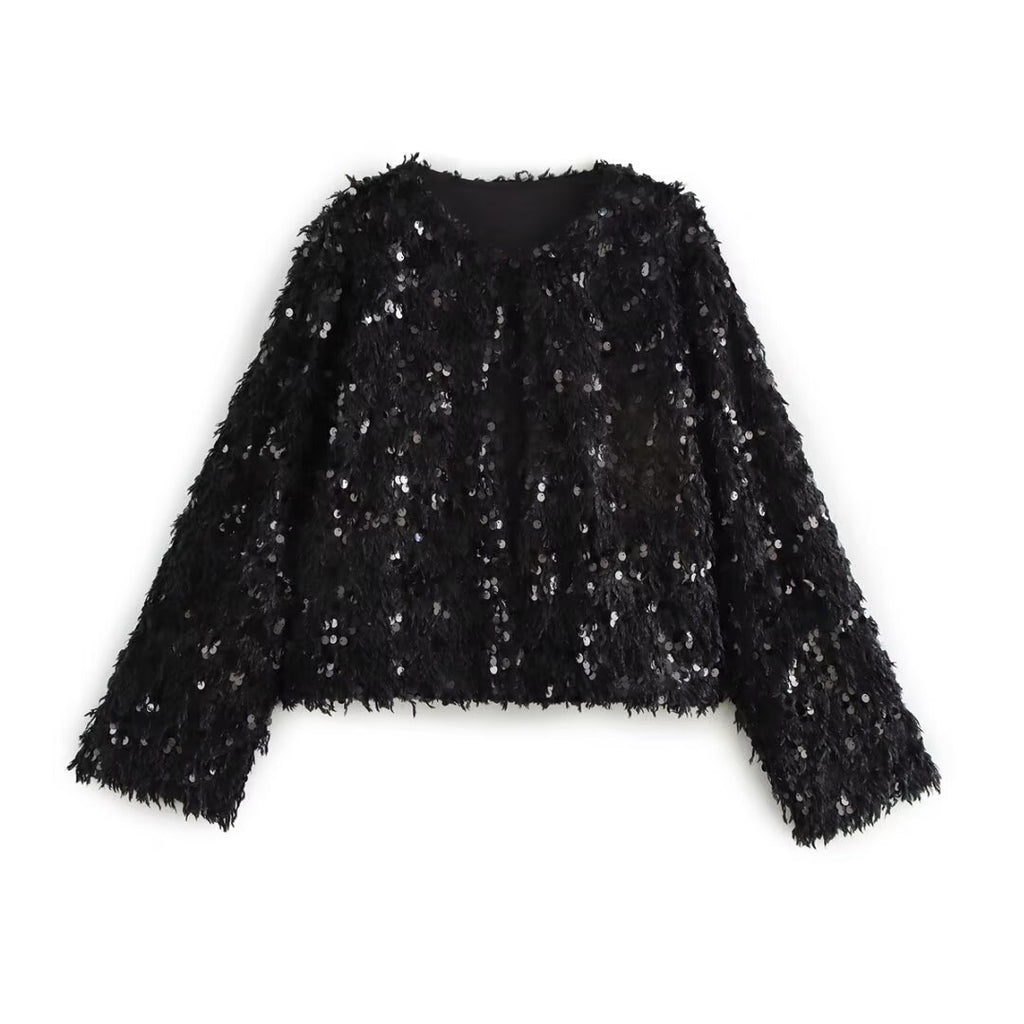 Women's Cropped Jacket made of fluffy Faux Fur with sequin trim Fashion Glam