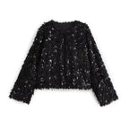 Women's Cropped Jacket made of fluffy Faux Fur with sequin trim Fashion Glam