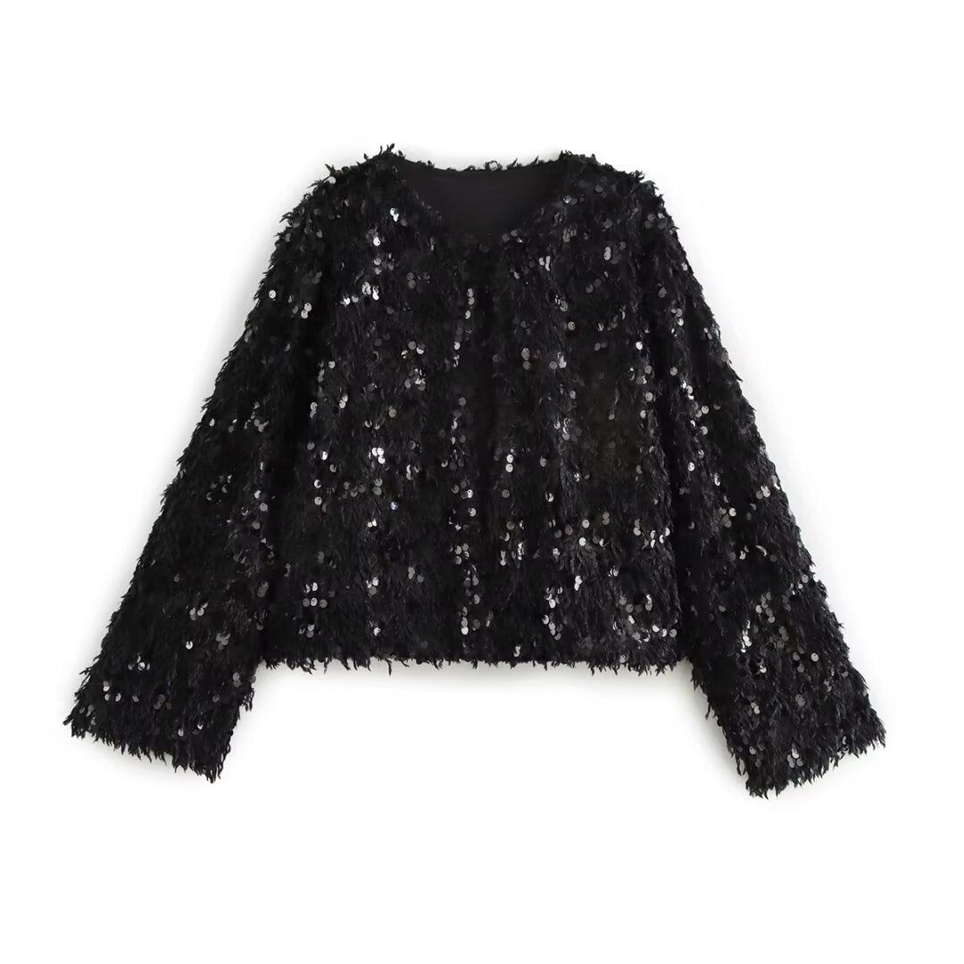 Women's Cropped Jacket made of fluffy Faux Fur with sequin trim Fashion Glam