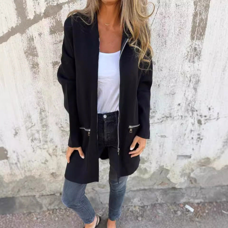 Women’s Hooded Long Cardigan with Full Zip and Decorative Pockets Fashion Glam