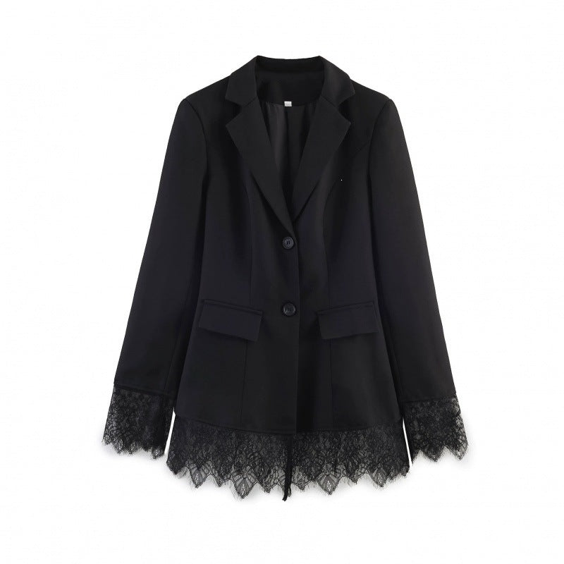 Women tailored blazer with lace trim and flared hem Fashion Glam