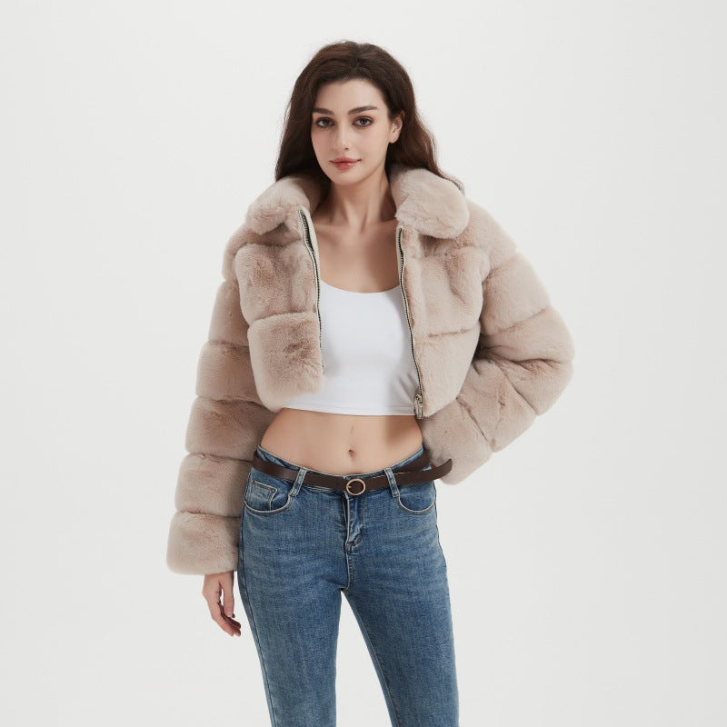 Women Cropped Faux Fur Jacket with Horizontal Volume Panels, Stand-Up Lapel Collar and Zipper Fashion Glam