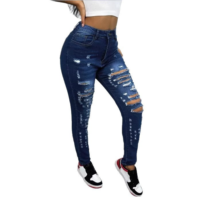 Women High-Waisted Ripped Skinny Jeans with Waist-Shaping Comfort Band Fashion Glam
