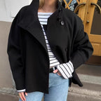 Women's short cut boxy jacket with stand-up collar and asymmetrical button placket Fashion Glam