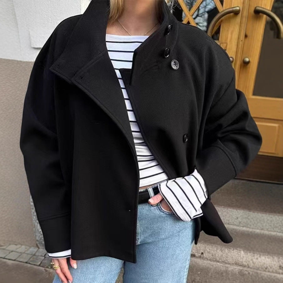 Women's short cut boxy jacket with stand-up collar and asymmetrical button placket Fashion Glam