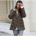 Women's leopard pattern longline blazer with falling lapel, single-button placket, and flap pockets Fashion Glam