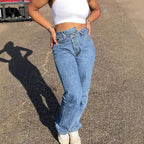 Ladies High-Waisted Cropped Mom Jeans with Asymmetrical Waist and Straight Leg Fashion Glam