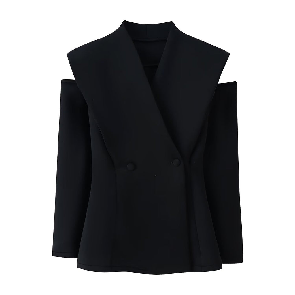Women Sleeveless Double-Breasted Blazer with Oversized Shawl Collar Fashion Glam