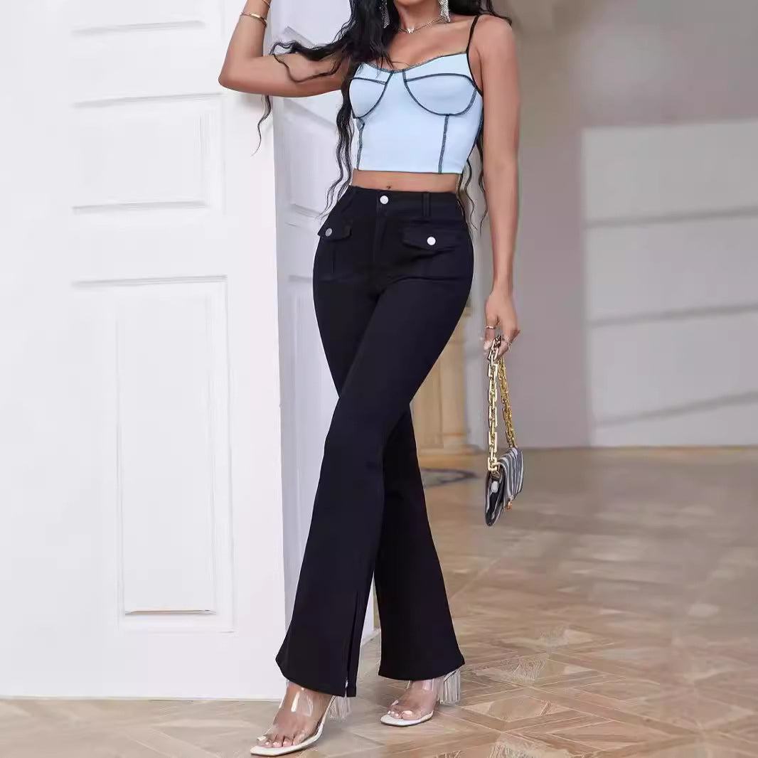 Women High-Waist Flared Trousers made of Stretch Denim with Pocket Flaps and Front Slit Fashion Glam