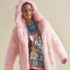 Women's Longer Hooded Faux Fur Coat with Animal Ears and Fluffy High Pile Fashion Glam