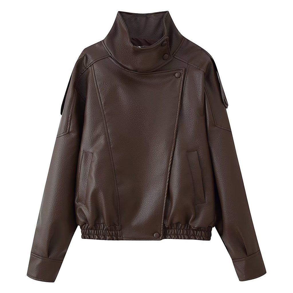 Women's Short Cut Faux Leather Bomber Jacket with High Stand Collar, Asymmetric Snap Button Placket and Elastic Hem Fashion Glam