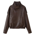 Women's Short Cut Faux Leather Bomber Jacket with High Stand Collar, Asymmetric Snap Button Placket and Elastic Hem Fashion Glam