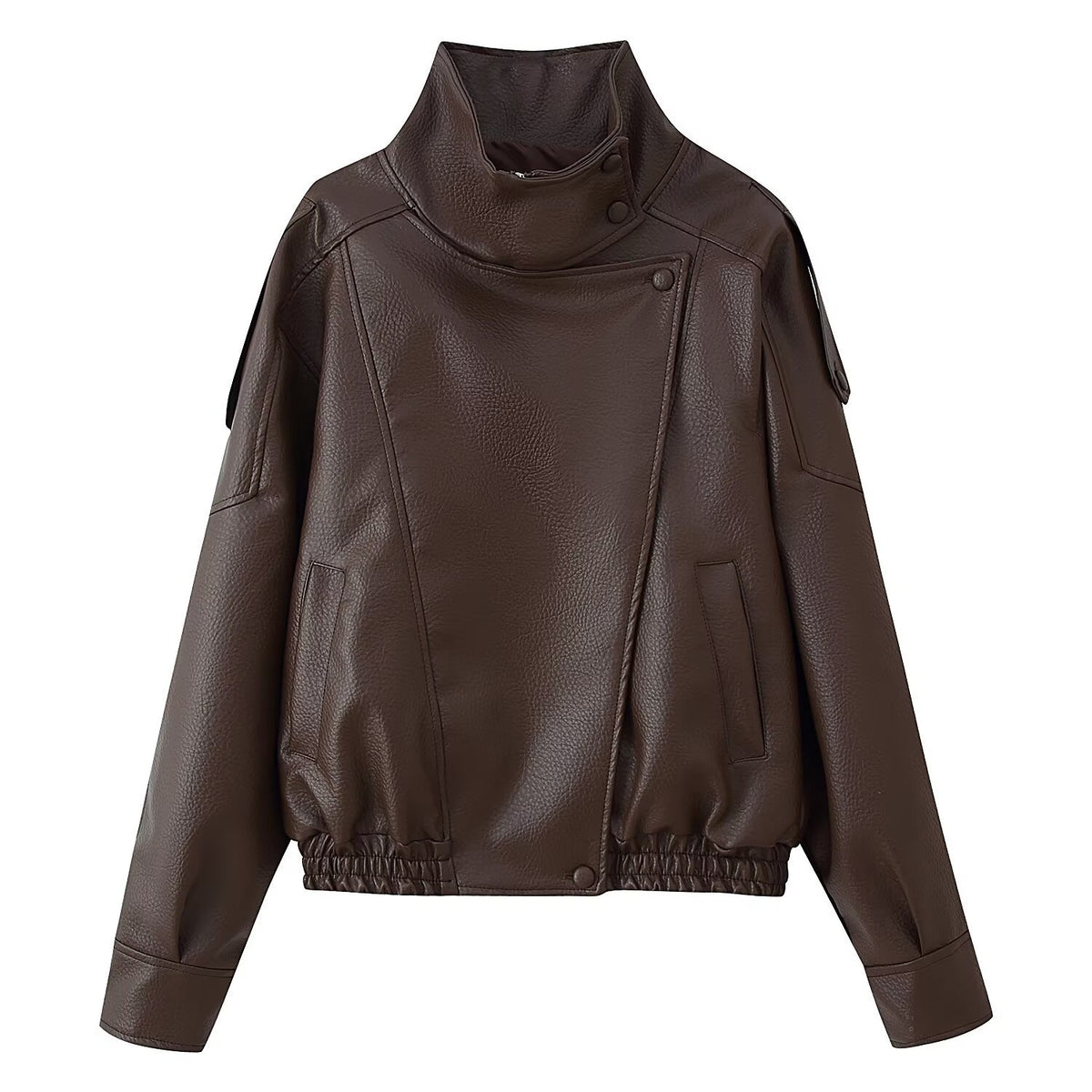Women's Short Cut Faux Leather Bomber Jacket with High Stand Collar, Asymmetric Snap Button Placket and Elastic Hem Fashion Glam
