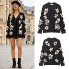 Women's Short Cardigan with Leopard Print and Pearl Flower Buttons Fashion Glam
