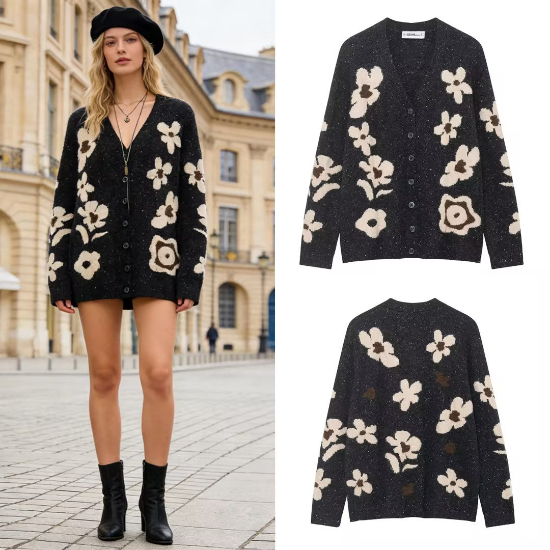 Women's Short Cardigan with Leopard Print and Pearl Flower Buttons Fashion Glam