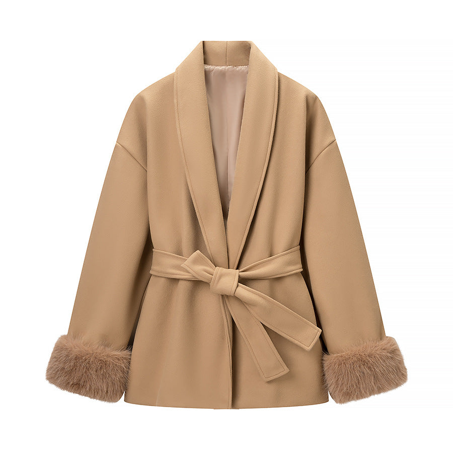 Women's Oversized Wrap Coat with Shawl Collar and Fur Trim on the Sleeves Fashion Glam