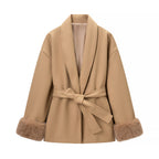 Women's Oversized Wrap Coat with Shawl Collar and Fur Trim on the Sleeves Fashion Glam