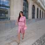 Women's short jacket with belted waist, asymmetrical lapel, and peplum hem Fashion Glam