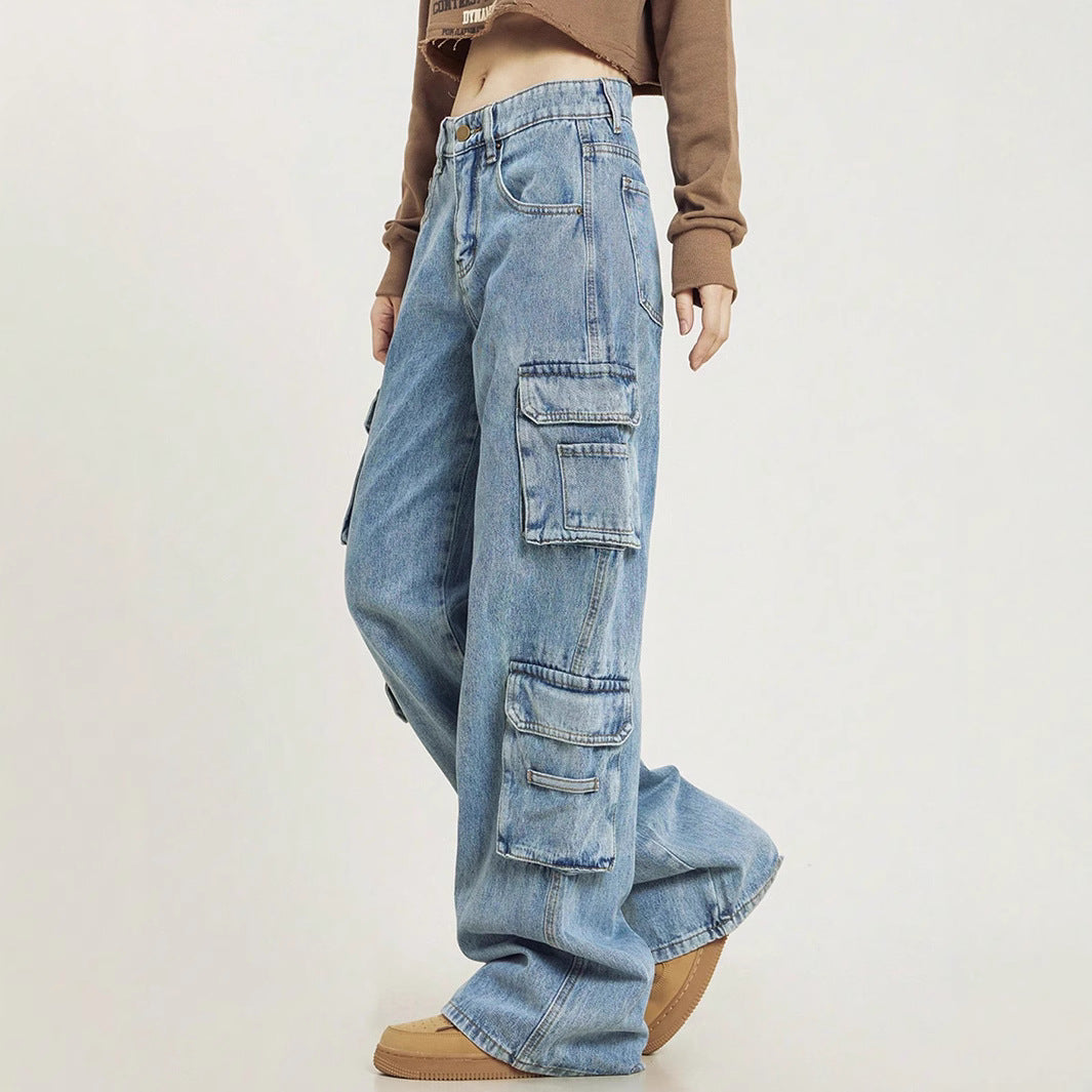 Women's Loose Cargo Denim Jeans with Multiple Flap Pockets and Relaxed Fit Fashion Glam
