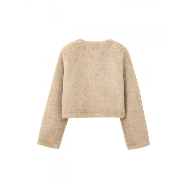 Women's Cropped Teddy Jacket with Straight Hem, Round Neck and Horn Button Closure Fashion Glam