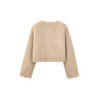 Women's Cropped Teddy Jacket with Straight Hem, Round Neck and Horn Button Closure Fashion Glam
