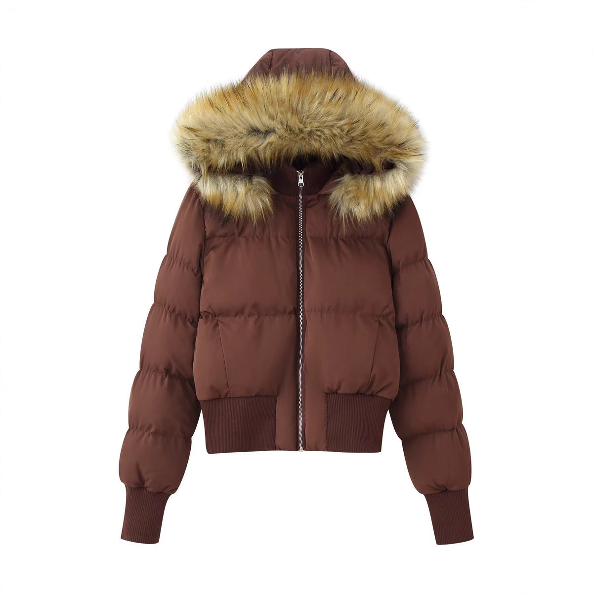 Women's Padded Cropped Bomber Jacket with Hood and Removable Faux Fur Trim Fashion Glam