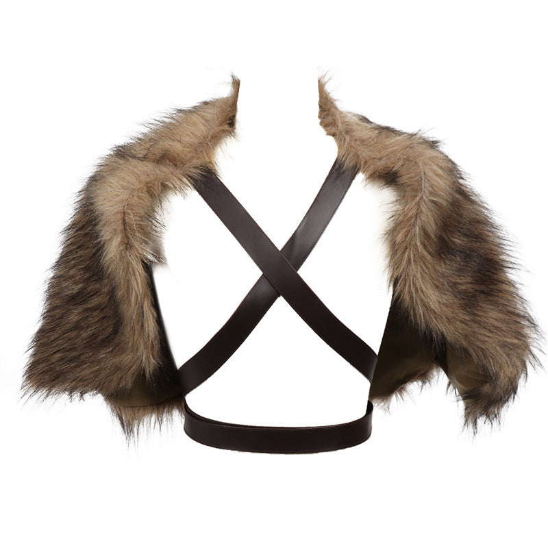 Men's Viking-inspired shoulder cape made of soft faux fur with adjustable leather straps Fashion Glam