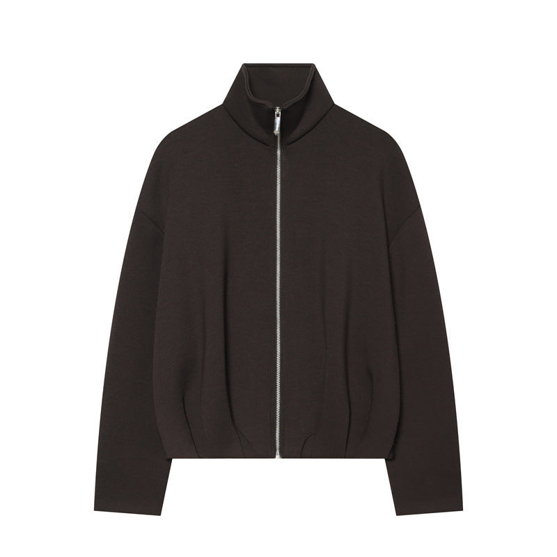 Women Boxy Cropped Stand Collar Cardigan with Full Zip and Dropped Shoulder Fashion Glam