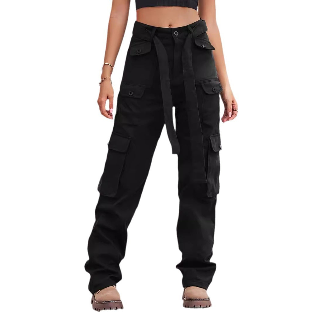 Ladies cargo pants with high waist, tie belt, and multiple flap pockets Fashion Glam