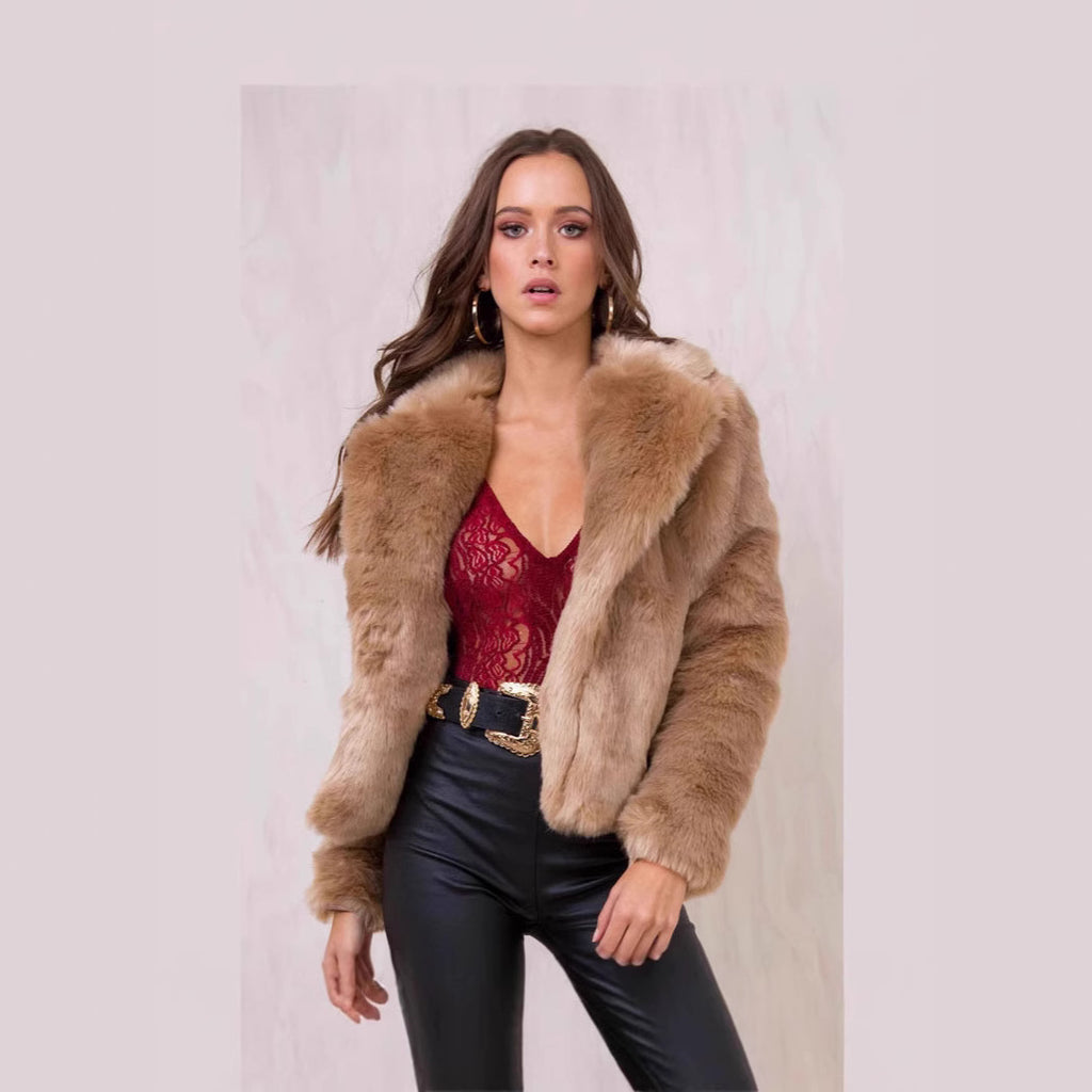 Women's Short Plush Jacket with Voluminous Shawl Collar and Boxy Silhouette Fashion Glam