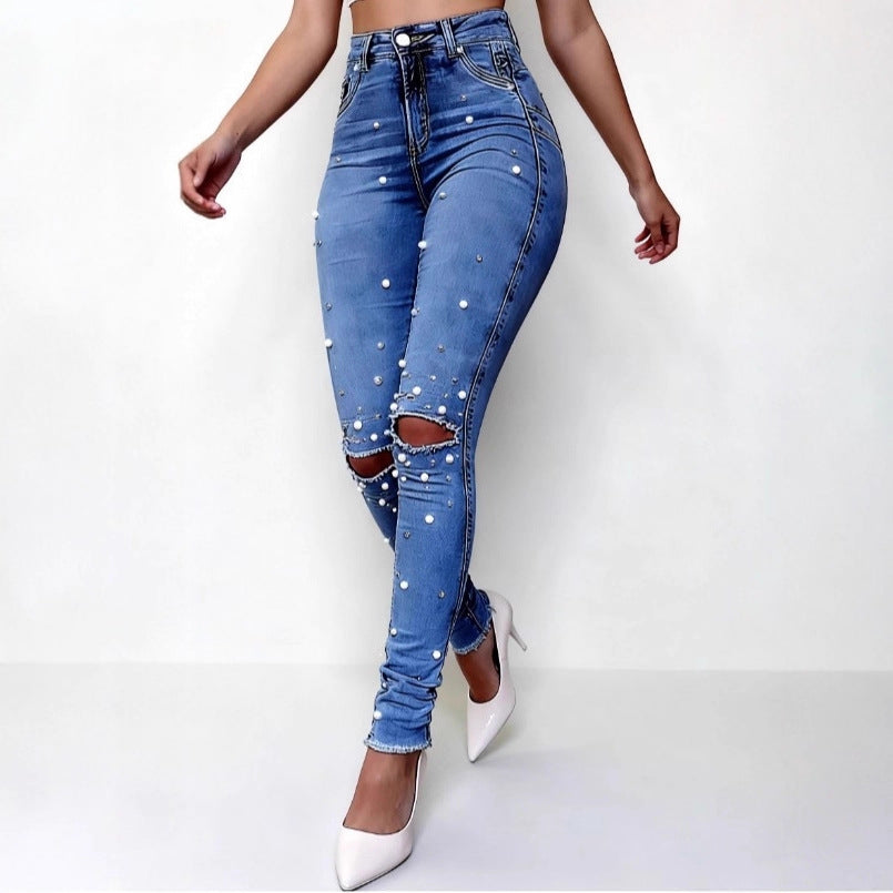 Women Pearl-Embellished High-Waist Skinny Jeans with Sculpting Fit Fashion Glam