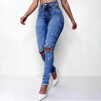 Women Pearl-Embellished High-Waist Skinny Jeans with Sculpting Fit Fashion Glam