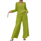 Women's Fine V-Neck Knit Sweater with Flowing Palazzo Pants Fashion Glam