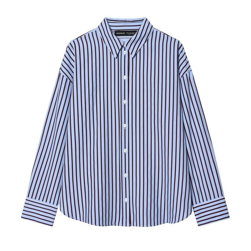 Women Oversized Shirt with Vertical Striped Pattern and Kent Collar Fashion Glam