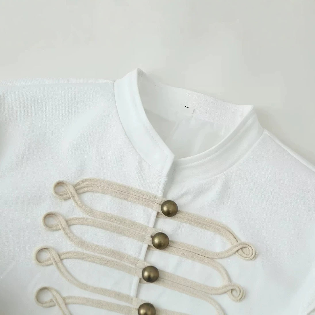 Women Military Inspired Short Stand Collar Jacket with Decorative Cords and Brass Buttons Fashion Glam