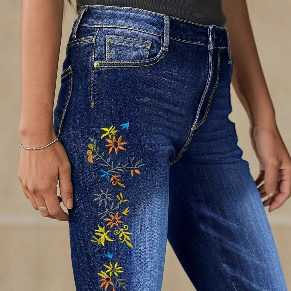 Women High-Waisted Skinny Jeans with Side Flower Embroidery Fashion Glam